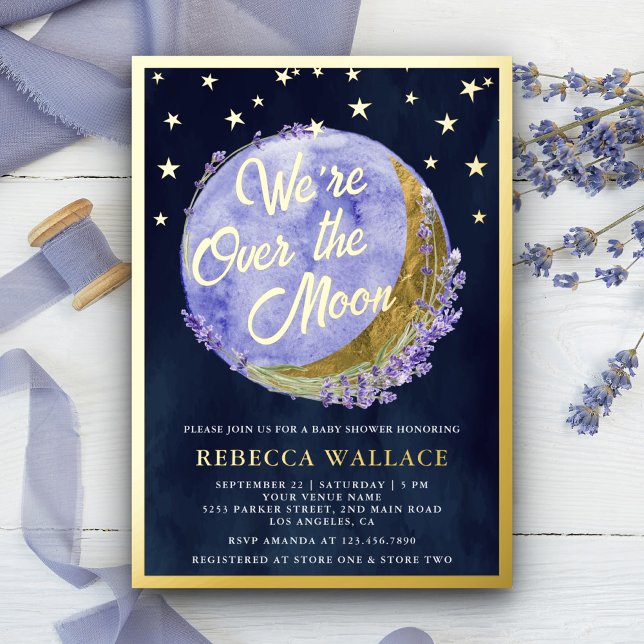 Wir sind über dem Mond Lavender Baby Shower Navy G Folieneinladung (Von Creator hochgeladen)