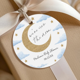 Wir sind über den Mond Blau Himmels-Baby-Party Geschenkanhänger