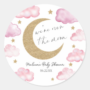 Wir sind über den Mond Rosa Himmels-Baby-Party Runder Aufkleber