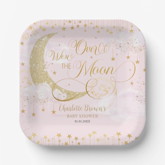 Wir sind über den Mond Stars Pink Gold Baby Dusche Pappteller (Vorderseite)