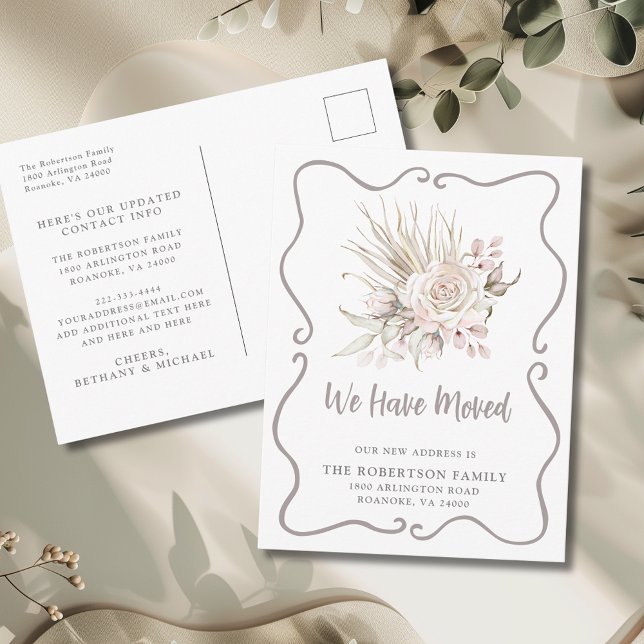 Wir sind umgezogen Boho Blush Rosen Neue Adresse Postkarte (We Have Moved Boho Blush Pink Roses and Eucalyptus New Address Postcard)