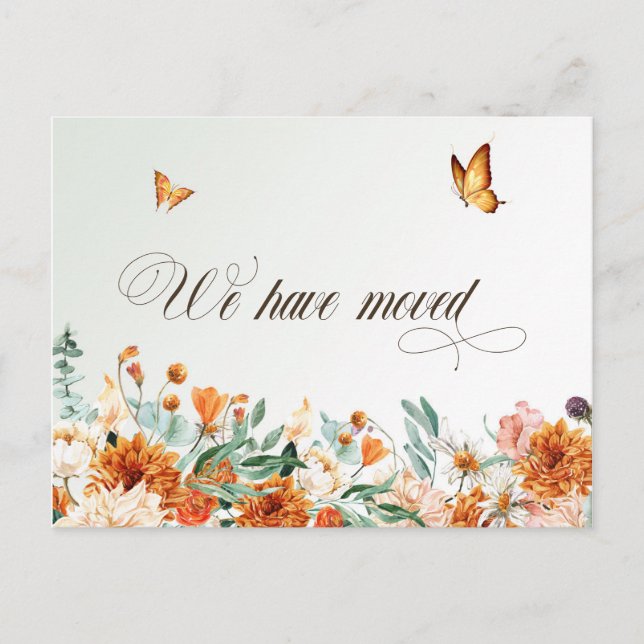 wir sind umgezogen, sommerliche Blume und Schmette Postkarte (Vorderseite)