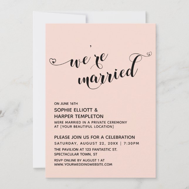 Wir sind Verheiratet Hearts Script Blush Pink Empf Einladung (Vorderseite)