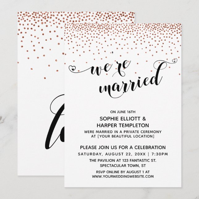 Wir sind Verheiratet Hearts Script Copper Confetti Einladung (Vorne/Hinten)