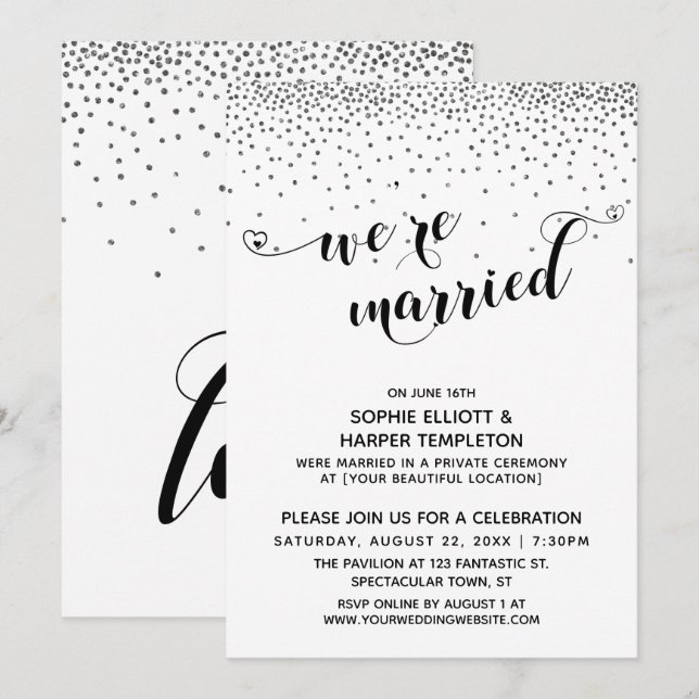 Wir sind Verheiratet Hearts Script Silver Confetti Einladung (Vorne/Hinten)