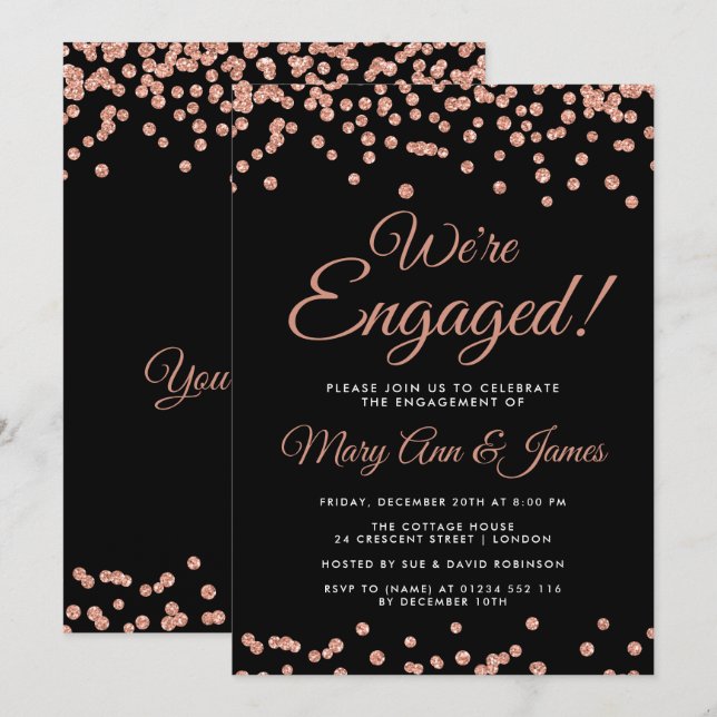 Wir sind Verlobt! Rose Gold Glitzer Confetti Black Einladung (Vorne/Hinten)