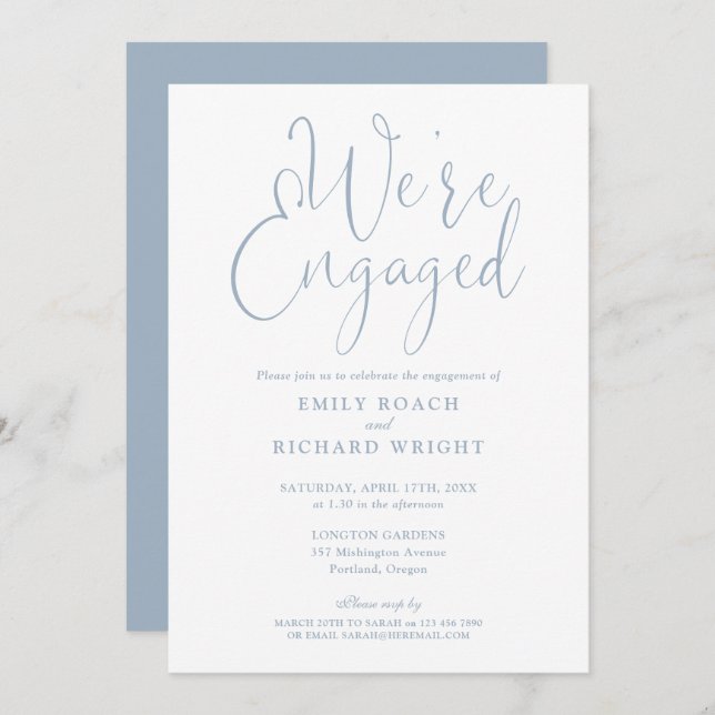 Wir sind Verlobt Script Dusty Blue Engagement Part Einladung (Vorne/Hinten)
