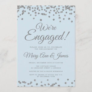 Wir sind Verlobt! Silberner Glitzer Confetta Einladung