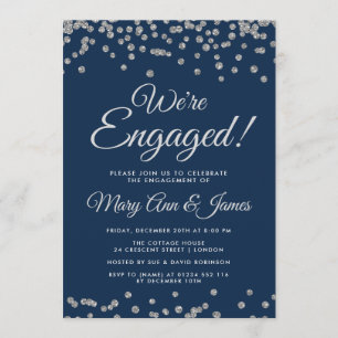 Wir sind Verlobt! Silver Glitzer Confetti Navy Blu Einladung