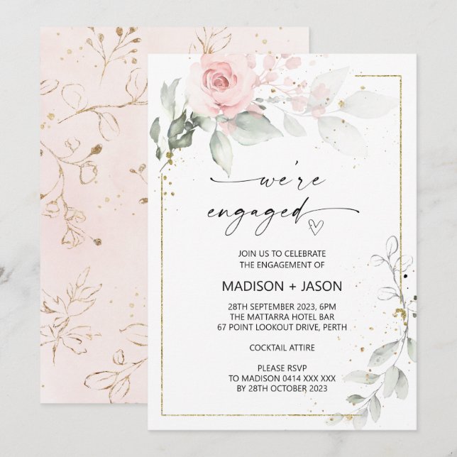 Wir sind Verlobte Engagement Party Pink Gold Flora Einladung (Vorne/Hinten)