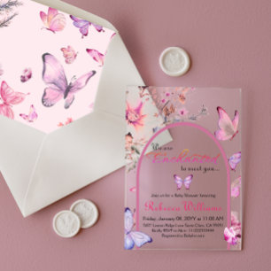 Wir sind verzaubert, die Pink Butterfly Babydusche Acryleinladungen