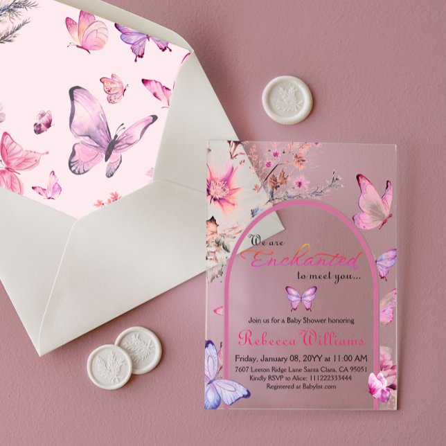 Wir sind verzaubert, die Pink Butterfly Babydusche Acryleinladungen (Von Creator hochgeladen)