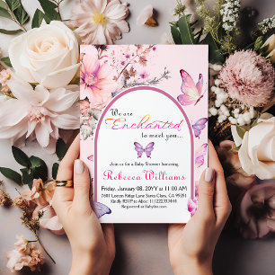 Wir sind verzaubert, die Pink Butterfly Babydusche Einladung