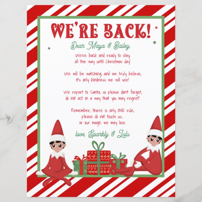 Wir sind zurück Weihnachts-Elf-Brief Personalisier (Vorderseite)