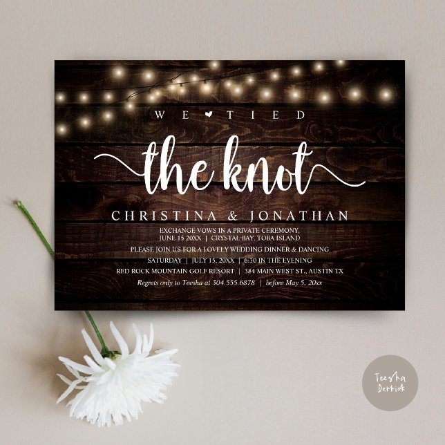Wir tippten den Knoten, rustikale Hochzeitsfeier Einladung (We Tied The Knot, Rustic Wedding Dinner Elopement Invitation card, pdf, in cottage dark wood)