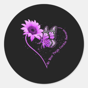 Wir tragen Lila Ribbon-Sonnenblumen-Überdosis-Bewu Runder Aufkleber