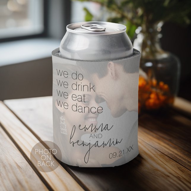 Wir trinken Essenstanz - Moderne Hochzeit Dosenkühler (We Do We Drink We Eat We Dance - Wedding Can Cooler - Personalize with names and dates)