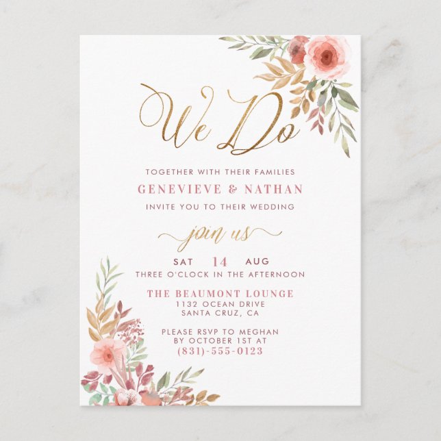 Wir tun | Elegantes Gold Script & Sweet Rose Hochz Einladungspostkarte (Vorderseite)