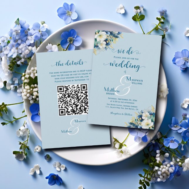 Wir tun es! Dusty Blue Gold Glitzer QR Code Weddin Einladung (Von Creator hochgeladen)