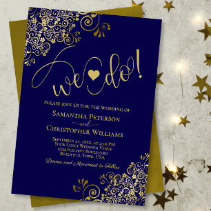 Wir tun es! Elegant Frilly Navy Blue & Gold Weddin Einladung