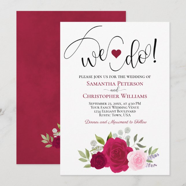 Wir tun es! Elegant Magenta & Pink Roses Boho Wedd Einladung (Vorne/Hinten)