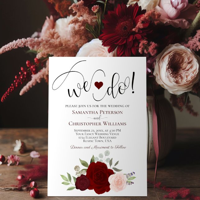 Wir tun es! Elegant Red & Pink Roses Boho Wedding Einladung (Von Creator hochgeladen)