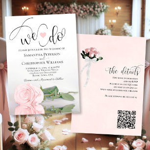 Wir tun es! Eleganter Rosa Rose QR Code Hochzeit Einladung