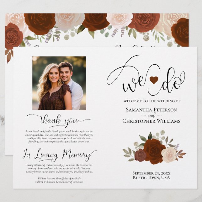 Wir tun es! Rostorange Rosen DIY-Hochzeitsprogramm (Vorne/Hinten)