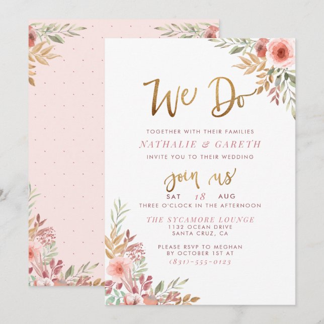 Wir tun | Handschrift und Niedliche Rose Hochzeit Einladung (Vorne/Hinten)