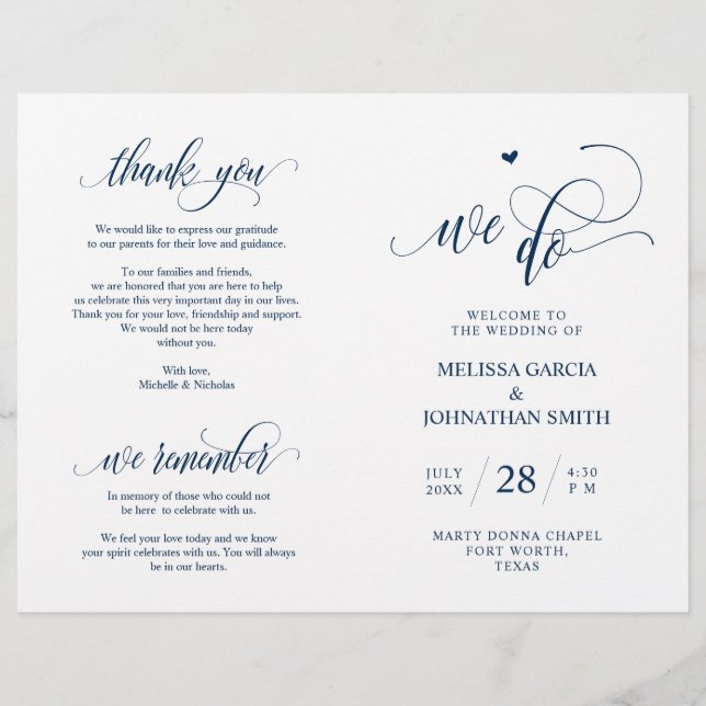 Wir tun, Navy Blue, Foldable Wedding Program Card (Vorderseite)