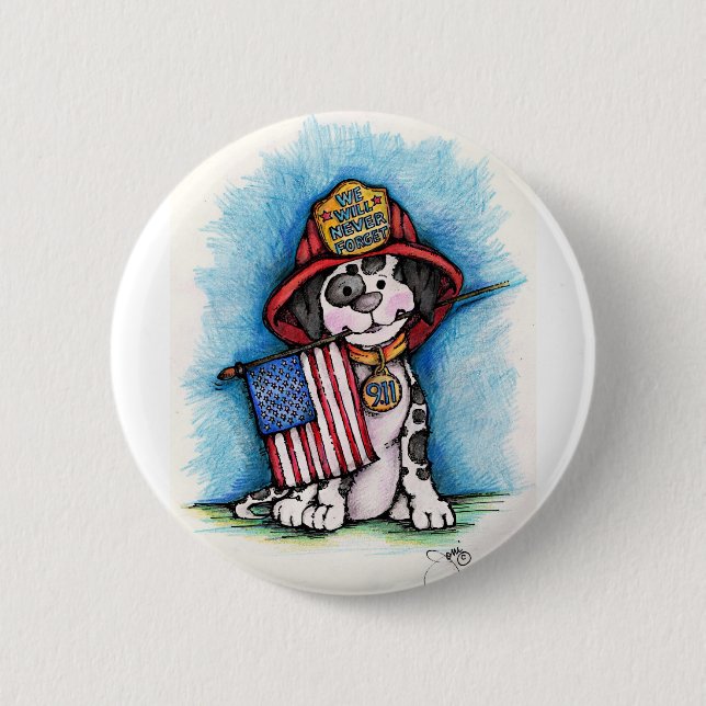Wir vergessen nie 9/11 Feuerwehrmann-Dalmatiner Button (Vorderseite)