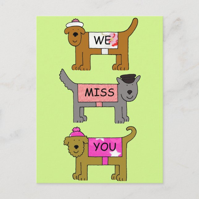 Wir vermissen Sie Cartoon Hunde in Hats und Coats Postkarte (Vorderseite)