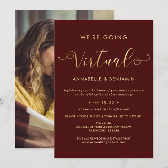 Wir werden Virtual Burgund & Gold Wedding Foto Einladung (Vorne/Hinten)