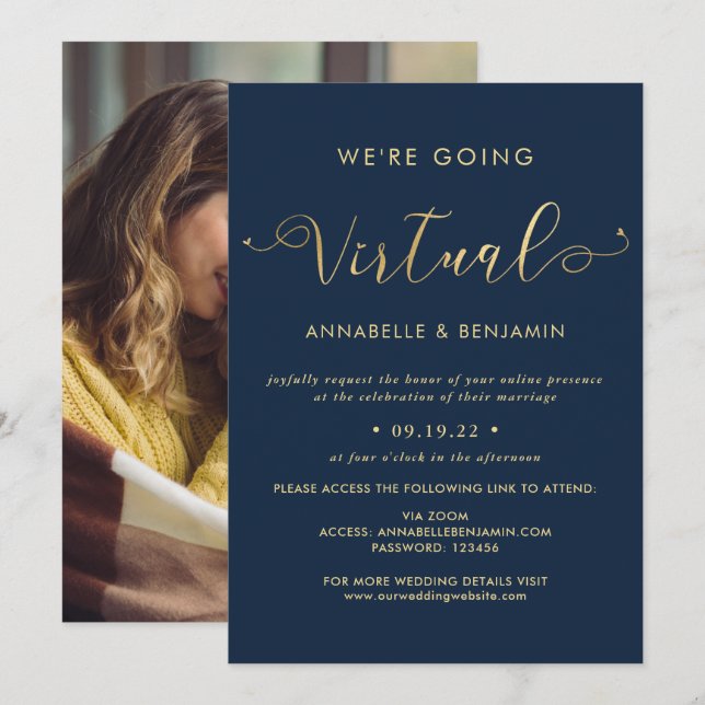 Wir werden Virtual Navy & Gold Wedding Foto Einladung (Vorne/Hinten)