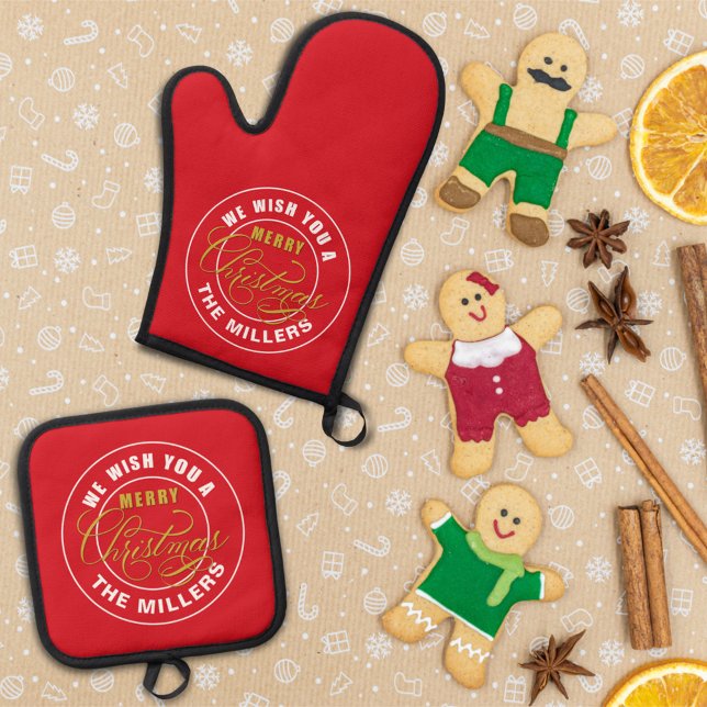 Wir wünschen Ihnen ein frohes Weihnachtsrot Ofenhandschuh & Topflappen-Set (Von Creator hochgeladen)