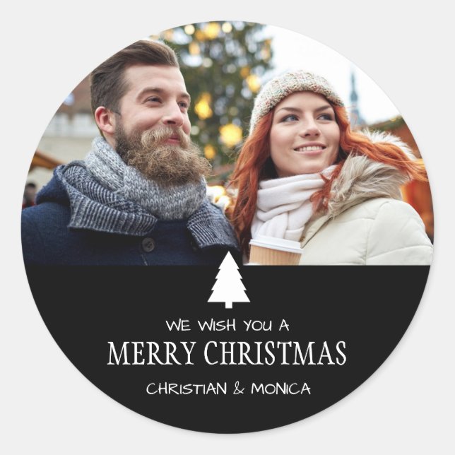 Wir wünschen Ihnen ein fröhliches Pine Tree Foto Runder Aufkleber (Vorderseite)