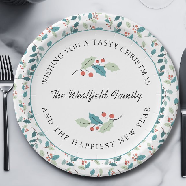 Wir wünschen Ihnen ein leckeres Weihnachten Heilig Pappteller (Wishing You a Tasty Christmas Holly and Red Berries Round Paper Plate)
