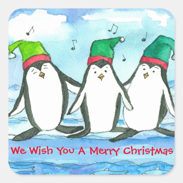 Wir wünschen Ihnen frohe Weihnachtspinguine Quadratischer Aufkleber (Vorderseite)