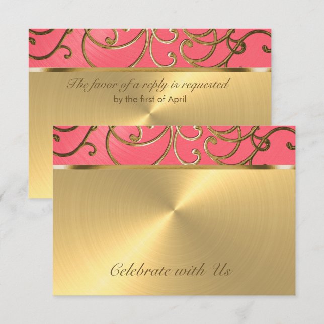Wirbel aus Quinceanera, rosa und goldene Filigree Einladung (Vorne/Hinten)