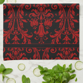 Wirbel aus schwarzem und rotem Flor Damask 4 Monog Geschirrtuch