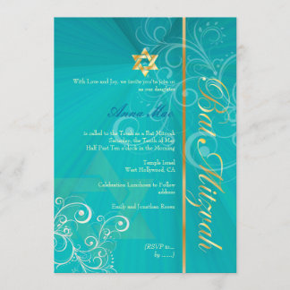 Wirbel Bat Mitzvah/aqua blue/gold Einladung