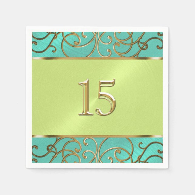 Wirbel der Aqua Lime Green Gold Filigree Serviette (Vorderseite)