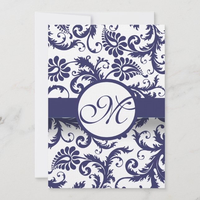 Wirbel der Marine Damask Hochzeitsfeiern auf Linen Einladung (Vorderseite)