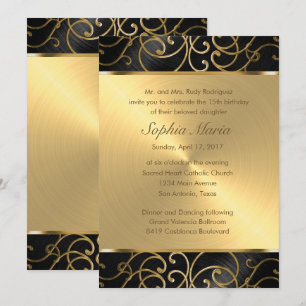 Wirbel der Quinceanera Black and Gold Filigree Einladung