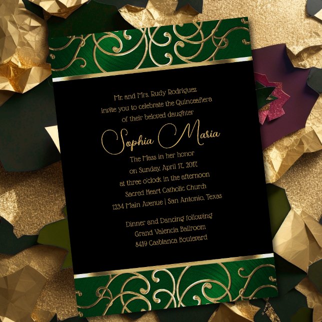 Wirbel der Quinceañera Emerald Green und Gold Fili Einladung (Von Creator hochgeladen)