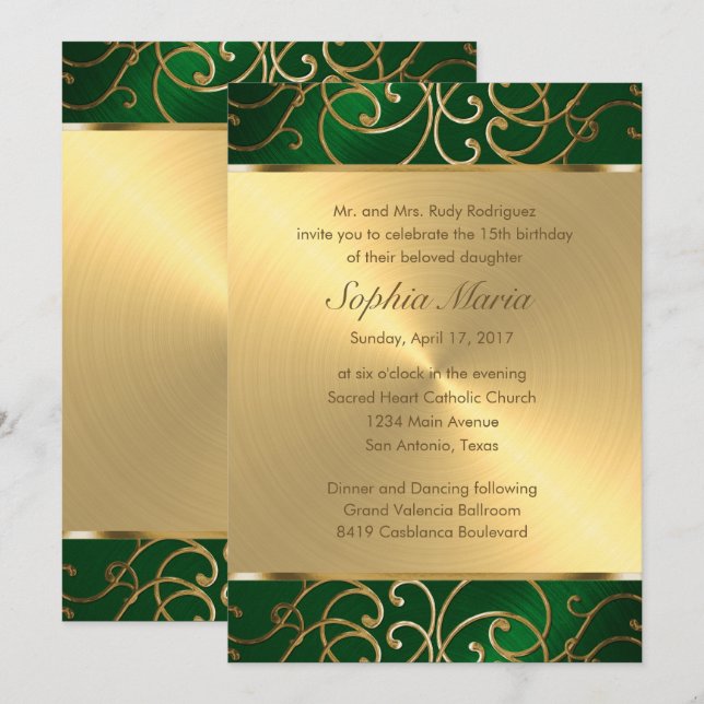 Wirbel der Quinceanera Emerald Green und Gold Fili Einladung (Vorne/Hinten)