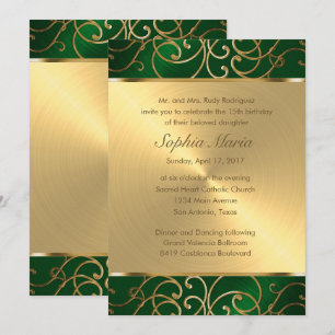 Wirbel der Quinceanera Emerald Green und Gold Fili Einladung