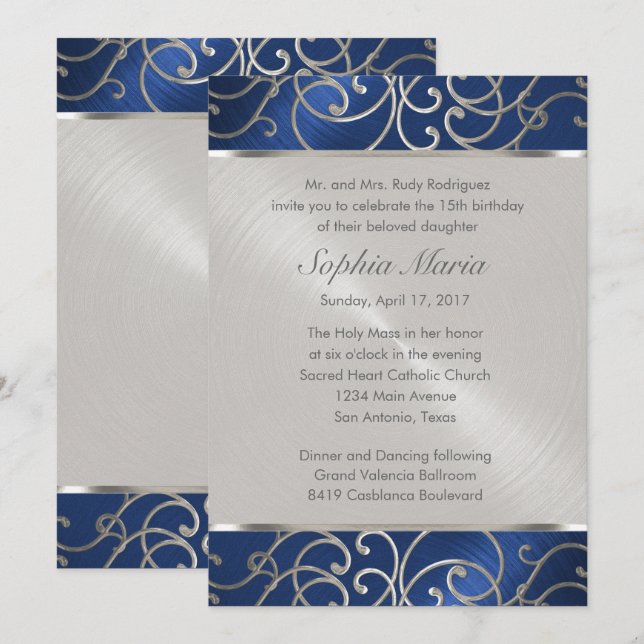Wirbel der Quinceanera Navy Blue und Silver Filigr Einladung (Vorne/Hinten)