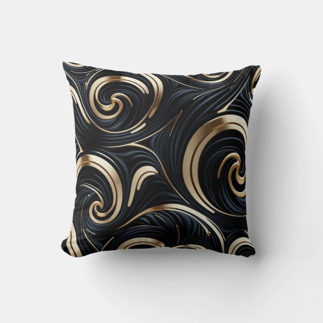 Wirbel in Schwarz und Gold Kissen (Vorderseite)