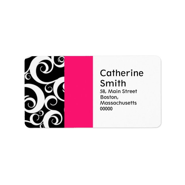 Wirbel mit Hot-Pink- und Black-Damask-Namen Adressaufkleber (Vorne)